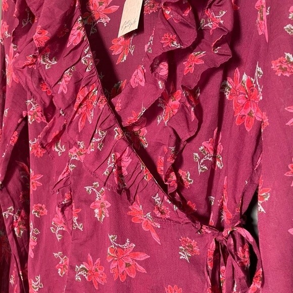 NWT Free People Amanda Ruffle Long Sleeve Wrap Blouse Burgundy Floral Size Small - Picture 9 of 16
